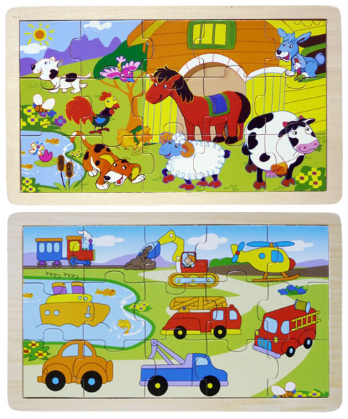 Dřevěné puzzle - Doprava + Farma (2x15 dílků)