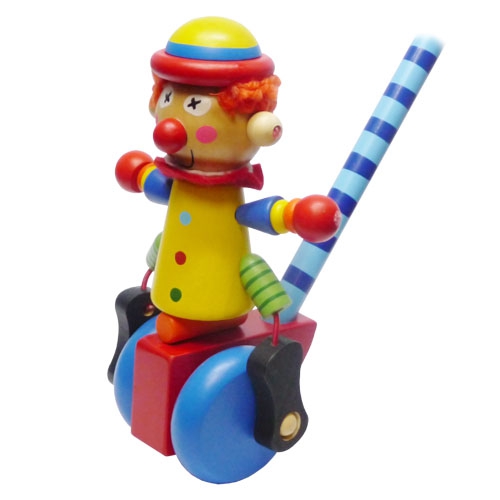 Dřevěná hračka na tyči - Klaun s modrými kolečky