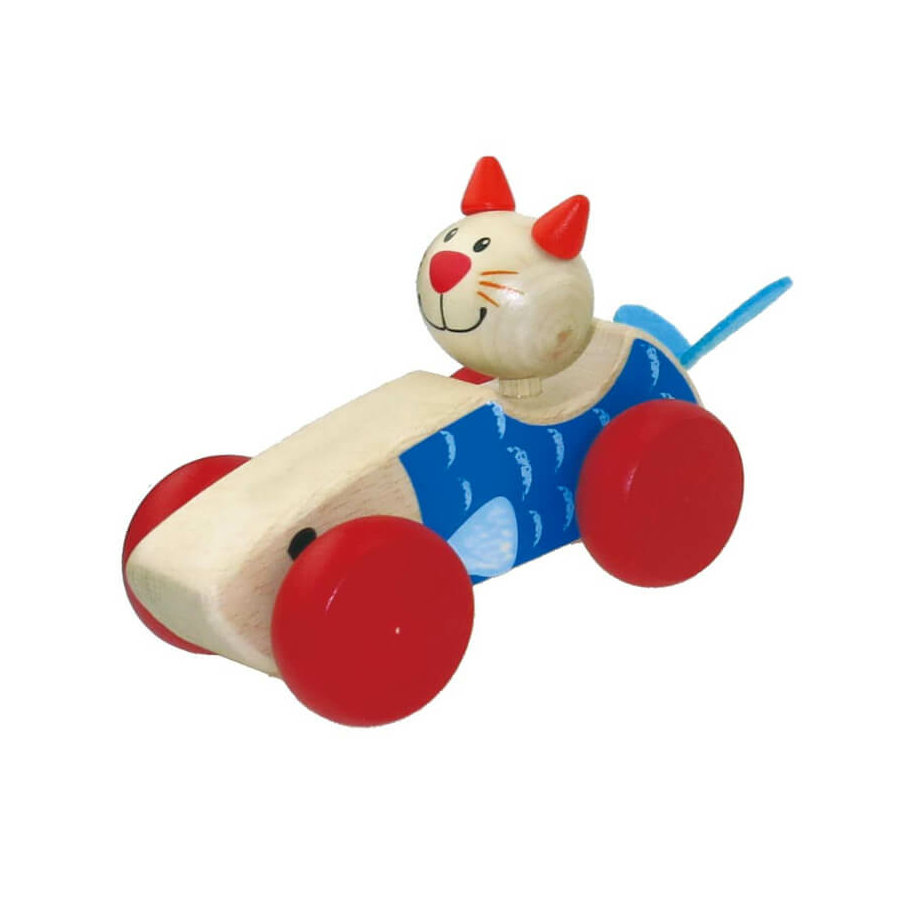 Dřevěné závodní autíčko s kočičkou